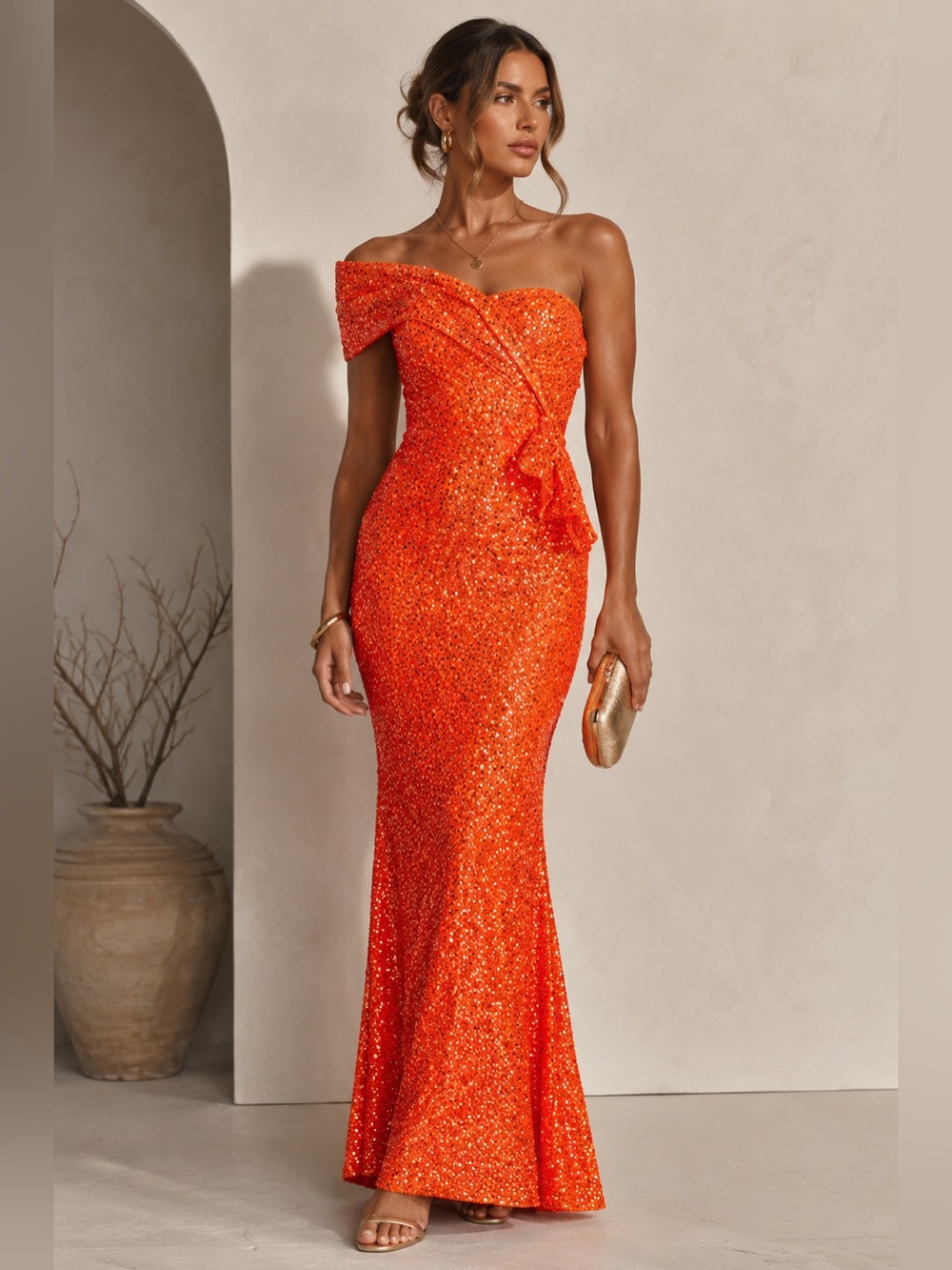 Miss Ord Orange Sequin One Shoulder Gown Small NWT Formal Mermaid Evening Dress